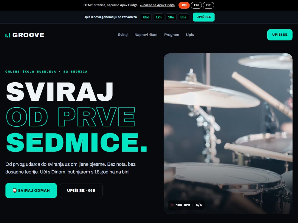 Prodajna stranica online škole bubnjeva